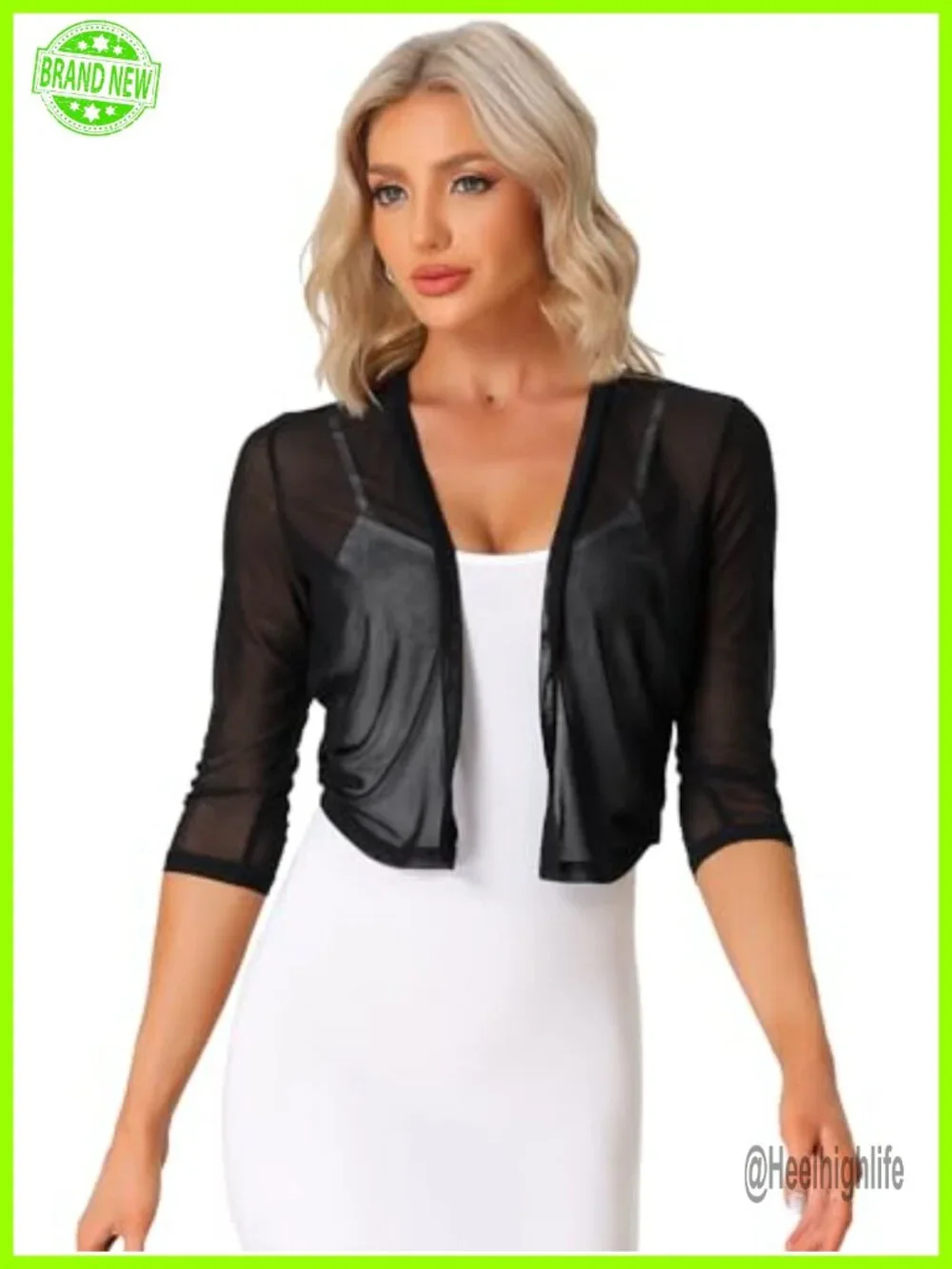 Elegant Bolero Shrug 3/4 Sleeve Mesh Sheer Cardigan Formal Jacket
